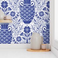 Whimsical floral vase blue watercolor style welcoming walls design - home decor - bedding - wallpaper - curtains - monochrome .