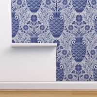 Whimsical floral vase blue watercolor style welcoming walls design - home decor - bedding - wallpaper - curtains - monochrome .