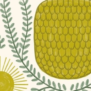 484 - Jumbo large scale exotic tropical sweet pineapple in a leaf  wreath, with warm suns for balance,  Lime green and sage green, for kitchen wallpaper, wallpaper and tablecloths for hospitality projects 