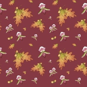 Prince Edward Island Lady Slipper Flowers, Red Oak Leaves & Acorns on Crimson