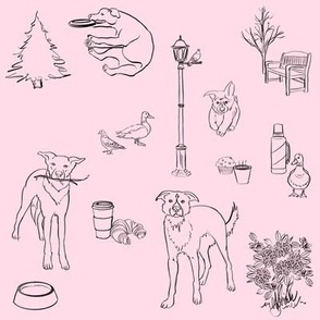 Coffee in the Park with Dogs - Black Pen & Ink on Light Pink