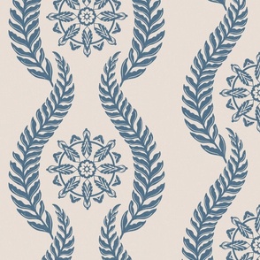 Coastal Chic - wavy botanical stripe with seaweed with nautical circle medallions  - admiral blue on white coffee, dusty white - large