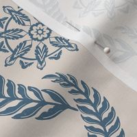 Coastal Chic - wavy botanical stripe with seaweed with nautical circle medallions  - admiral blue on white coffee, dusty white - medium