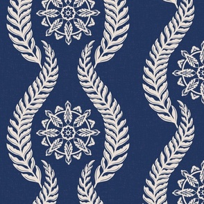 Coastal Chic - wavy botanical stripe with seaweed with nautical circle medallions  - white coffee, dusty white on classic navy - large