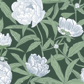 Blooming Peonies Moody Floral -  ice blue on green