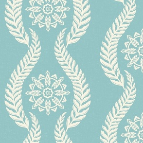 Coastal Chic - wavy botanical stripe with seaweed with nautical circle medallions - ivory on opal green, light teal - large
