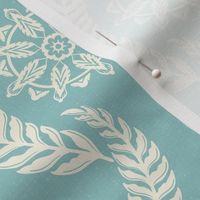 Coastal Chic - wavy botanical stripe with seaweed with nautical circle medallions - ivory on opal green, light teal - medium