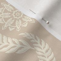 Coastal Chic - wavy botanical stripe with seaweed with nautical circle medallions - ivory on desert sand, beige - medium