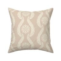 Coastal Chic - wavy botanical stripe with seaweed with nautical circle medallions - ivory on desert sand, beige - medium