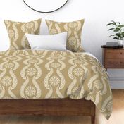 Coastal Chic - wavy botanical stripe with seaweed with nautical circle medallion  - ivory on dark ivory, tan, mustard  - large