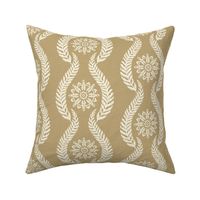 Coastal Chic - wavy botanical stripe with seaweed with nautical circle medallions - ivory on dark ivory, tan, mustard  - medium