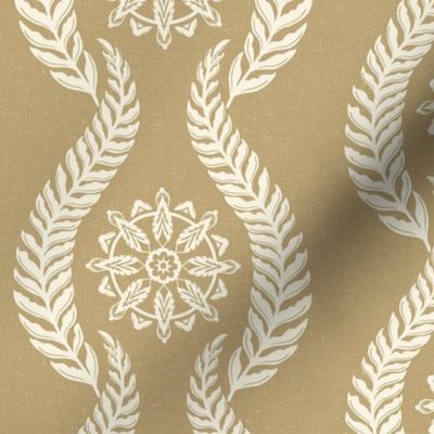 Coastal Chic - wavy botanical stripe with seaweed with nautical circle medallions - ivory on dark ivory, tan, mustard  - medium