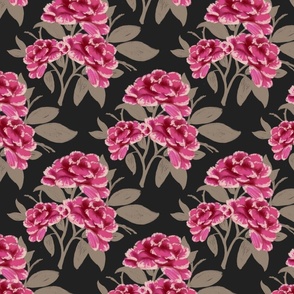 Pink Red Peony Trio in Diamond Pattern with Beige Khaki leaves on Black