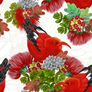 Iiwi Bird | White Lehua Design Block Print, Large