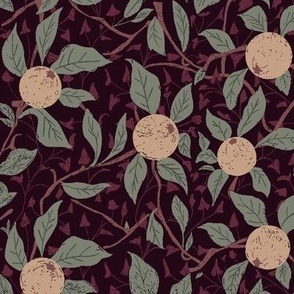 Peaches on Vines in Dark wine - Chintz | Medium Version | Burgundy Arts and Crafts Style Wallpaper Print