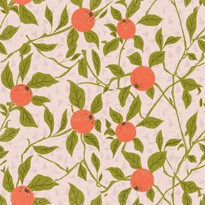 Orange and green on vines with gray oak leaves - Chintz | Large Version | Arts and Crafts Style Wallpaper Print