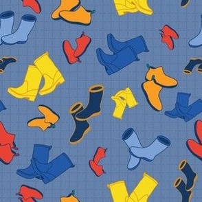 Yellow, Navy Blue, Red, and Blue Rubber Gardening Boots on a Lattice-Textured Blue Background
