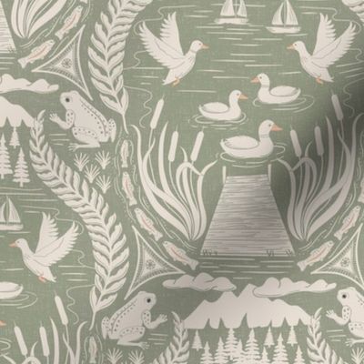 Ducks and frogs at the lake, with cattails, trout fishing, and sailing - Coastal Chic, boho coastal - lichen green and white coffee - medium