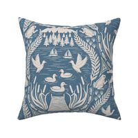 Ducks and frogs at the lake, with cattails, trout fishing, and sailing - Coastal Chic, boho coastal - admiral blue and white coffee - large