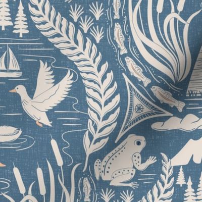 Ducks and frogs at the lake, with cattails, trout fishing, and sailing - Coastal Chic, boho coastal - admiral blue and white coffee - large