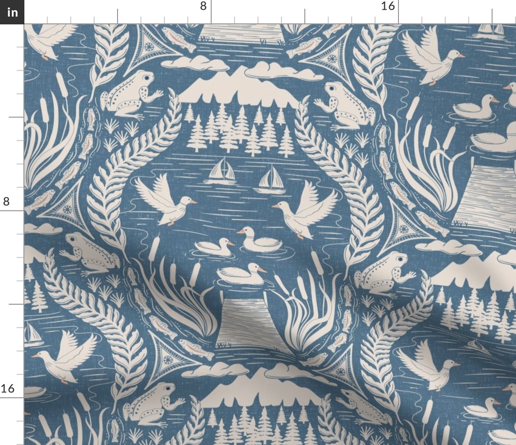Ducks and frogs at the lake, with cattails, trout fishing, and sailing - Coastal Chic, boho coastal - admiral blue and white coffee - large
