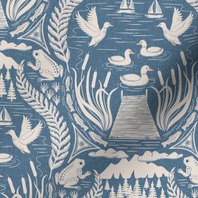 Ducks and frogs at the lake, with cattails, trout fishing, and sailing - Coastal Chic, boho coastal - admiral blue and white coffee - medium