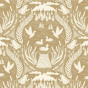 Ducks and frogs at the lake - with cattails, trout fishing, and sailing - ivory and dark ivory - large