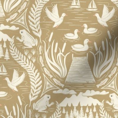 Ducks and frogs at the lake, with cattails, trout fishing, and sailing - Coastal Chic, boho coastal - ivory and dark ivory - medium 