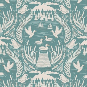 Ducks and frogs at the lake - with cattails, trout fishing, and sailing - white coffee on opal shadow, teal - large