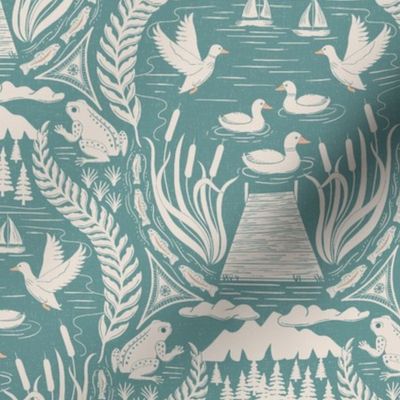 Ducks and frogs at the lake, with cattails, trout fishing, and sailing - Coastal Chic, boho coastal - white coffee on opal shadow, teal - medium