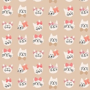 Peachy Kitty Cats with Bows on tan - 1 inch