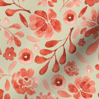 Hand Painted, Watercolor Terra Cotta Monochromatic Flowers on Sand-Colored  Background, Large Scale