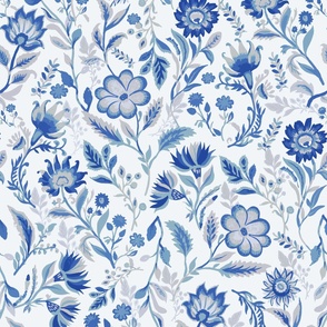 Chintz blues with pale grey, florals, 