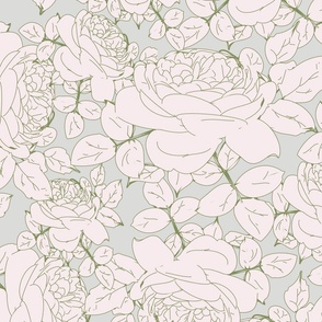 cabbage rose in soft pink, gray and green