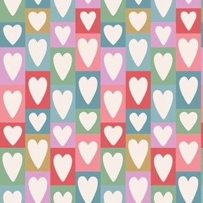 Cream Valentine's Day Hearts on Bright Patchwork Blocks - 1 inch