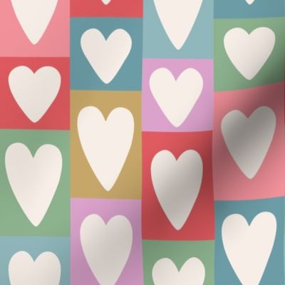Cream Valentine's Day Hearts on Bright Patchwork Blocks - 2 inch