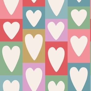 Cream Valentine's Day Hearts on Bright Patchwork Blocks - 2 inch