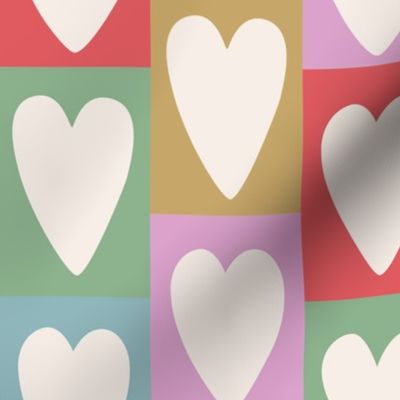 Cream Valentine's Day Hearts on Bright Patchwork Blocks - 3 inch