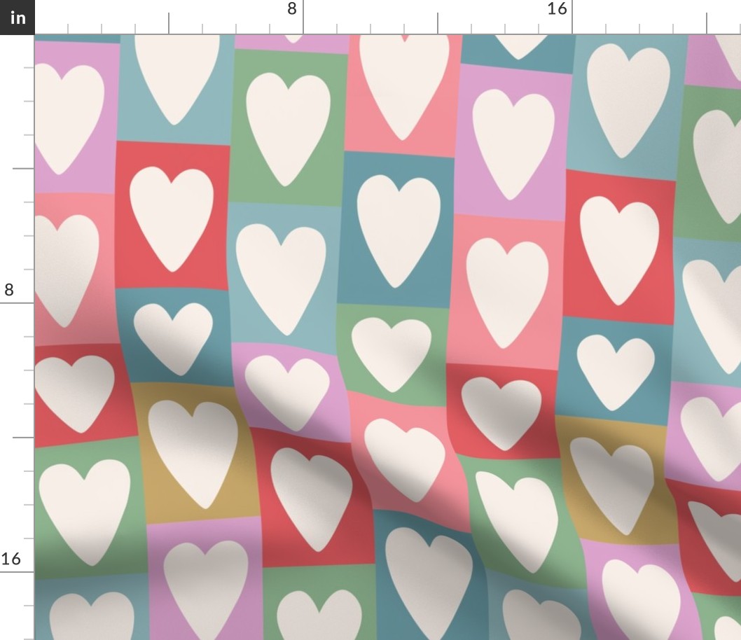 Cream Valentine's Day Hearts on Bright Patchwork Blocks - 3 inch