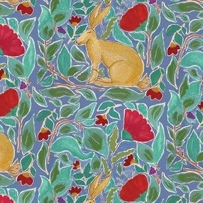 Welcome home, woodland animal floral, hares in a blue background, welcoming walls challenge