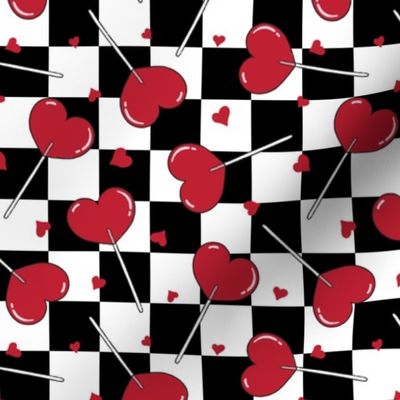 Valentine Heart Lollipops Black and White Checker BG Tossed - Small Scale