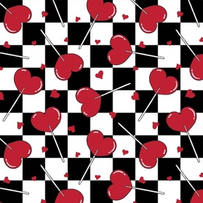Valentine Heart Lollipops Black and White Checker BG Tossed - Large Scale