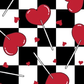 Valentine Heart Lollipops Black and White Checker BG Tossed - XL Scale