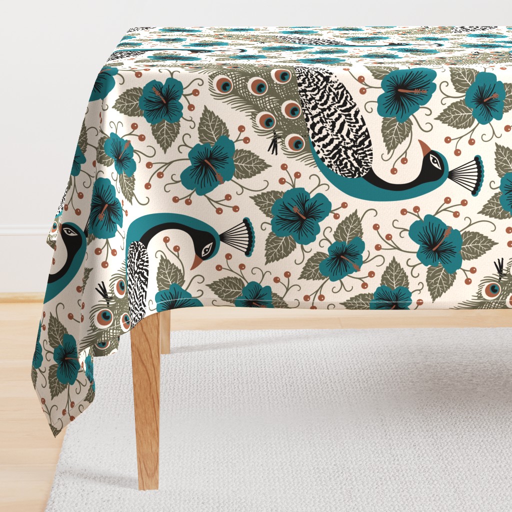 Welcoming Peacock & Hibiscus (Teal and Rust) (XL)