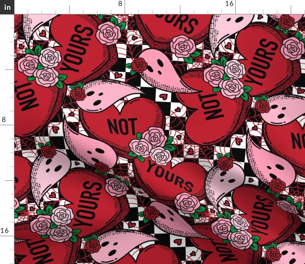 Not Yours Spooky Valentine Ghosts and Candy Hearts Red Rotated- Large Scale