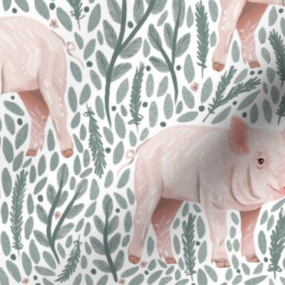 Piggies and Light Muted Green Leaves / Farm Pigs / Medium