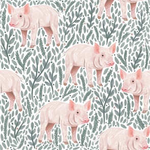 Piggies and Light Muted Green Leaves / Farm Pigs / Large