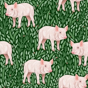 Piggies and Green Leaves on Dark Green / Farm Pigs / Large