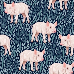 Piggies and Blue Leaves on Navy / Farm Pigs / Large