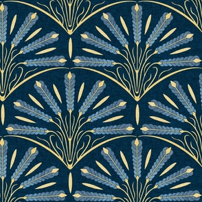 Welcoming Walls - Breaking Bread: Art Deco Wheat in Blues, Yellow and Navy , 12" 